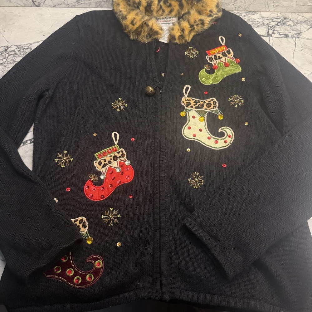 Tiara International Womens Zip Christmas Cardigan Sweater Faux Fur Collar Medium